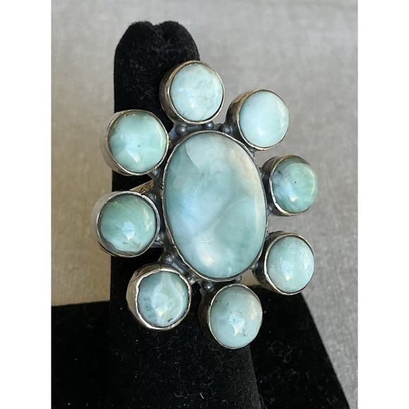 Estate Jewelry - 925 Sterling Silver Blue Larimar Floral Cluster Ring Size 6 Vintage Estate Read